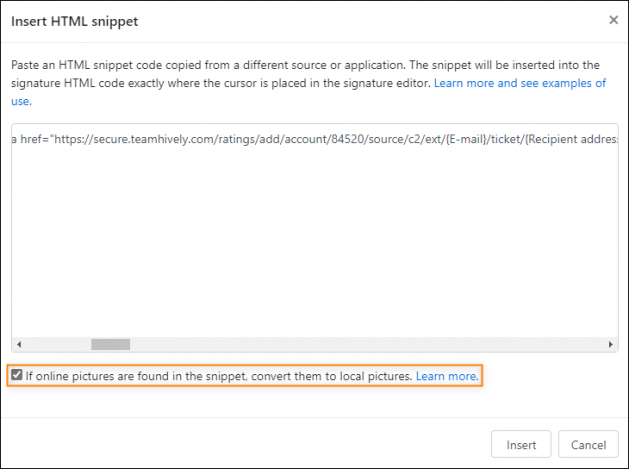 The HTML source code view of the signature template editor.