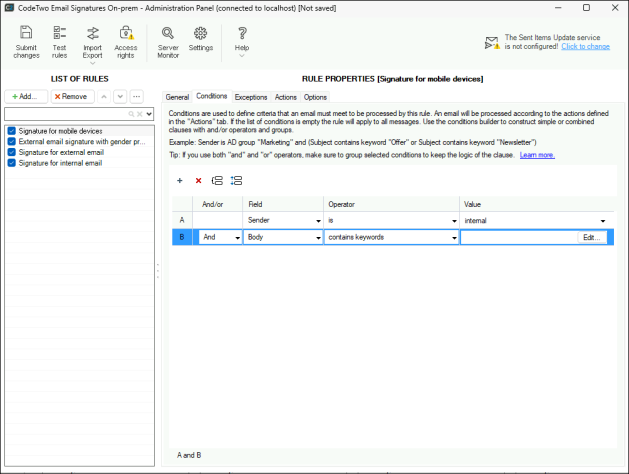 Configuration of conditions in CodeTwo Email Signatures On-prem.
