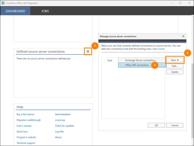 Opening the Office 365 source server connection wizard.