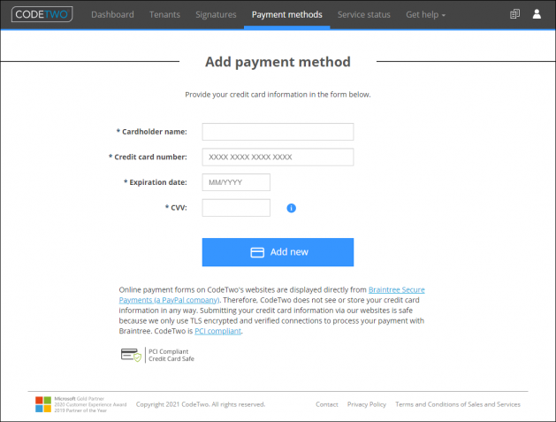 Adding a new payment method (credit card).