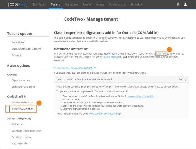 CodeTwo Signatures Add-in for Outlook installation instructions in CodeTwo Admin Panel.