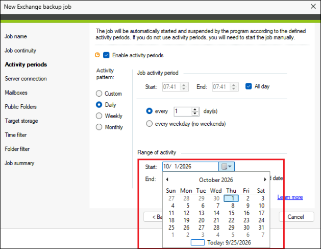 Configuring the start date for a backup job.