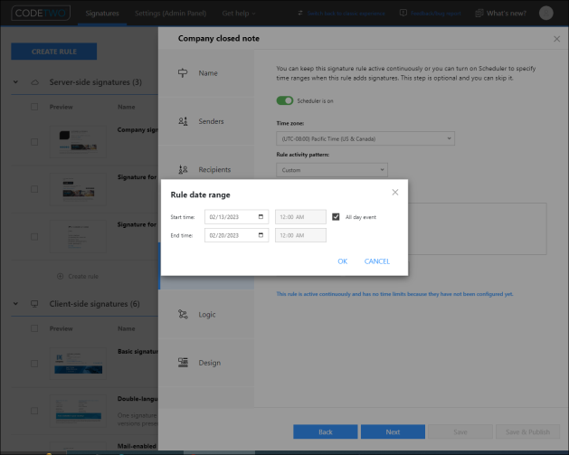 A sample configuration of Scheduler for an out of office note.