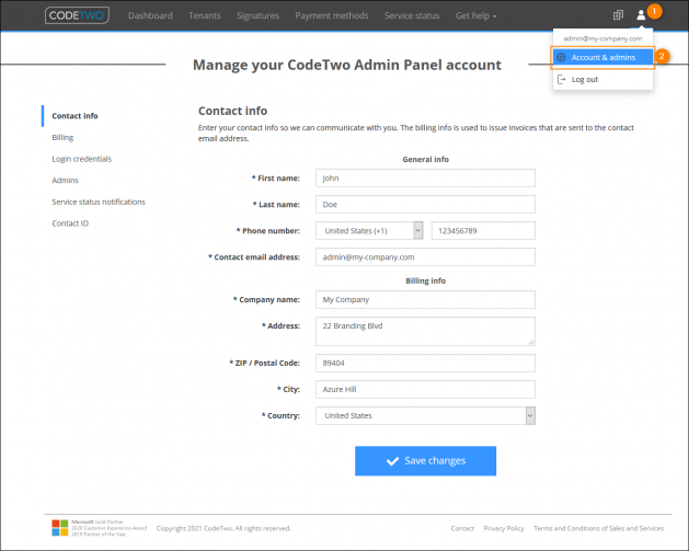 Accessing the CodeTwo Admin Panel account management pages.