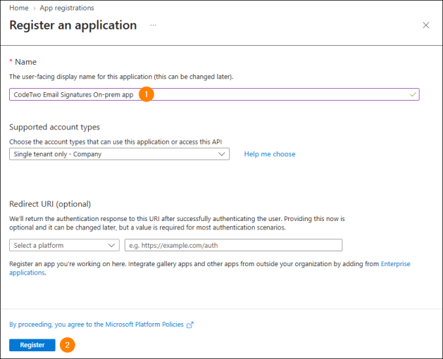 Registering the CodeTwo application with Entra ID.