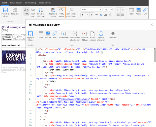 Opening the signature's source code view in CodeTwo Email Signatures 365. 