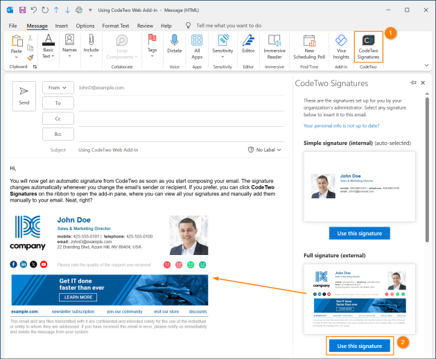 Adding a signature manually from the CodeTwo add-in's pane.