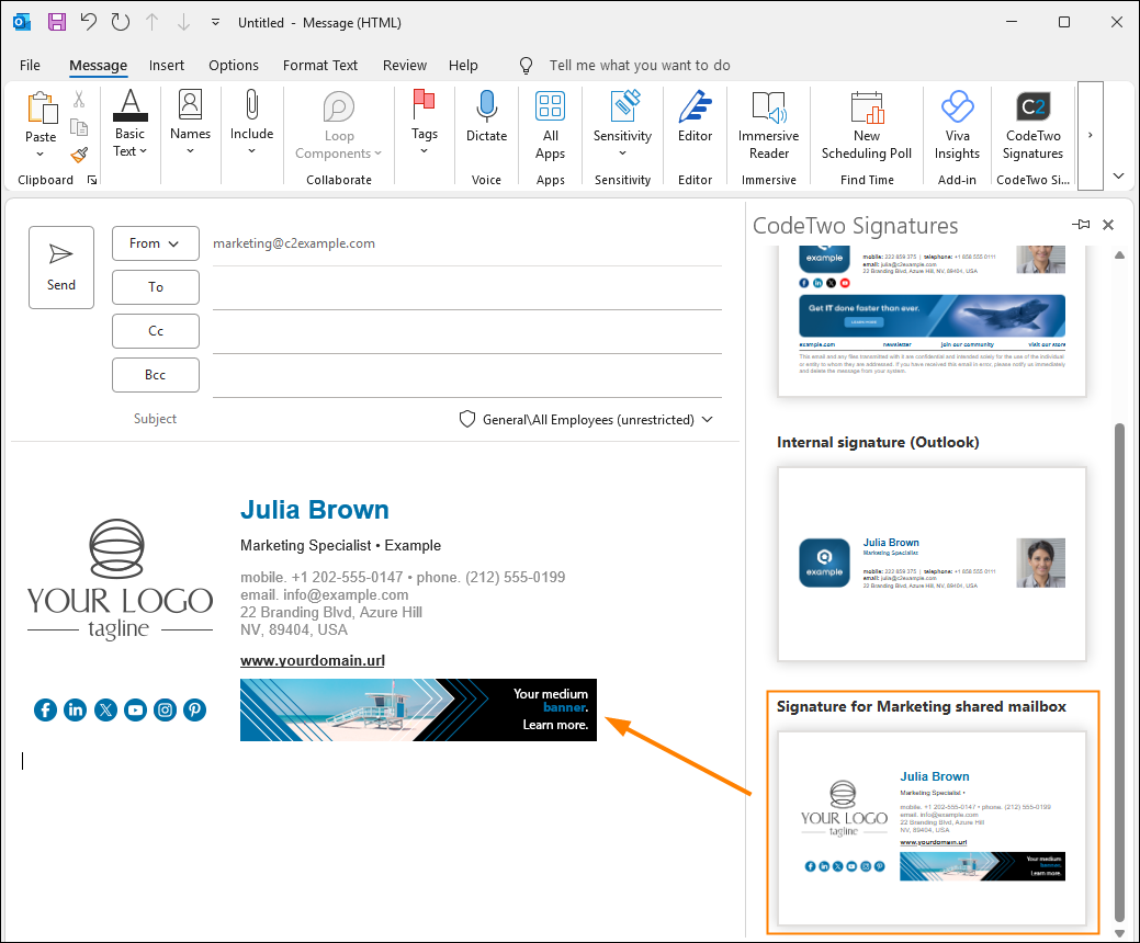 Inserting the signature designed for a shared mailbox.