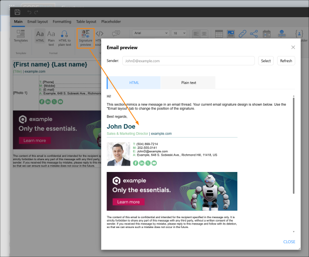 Previewing how your email signature will look in a real email conversation.