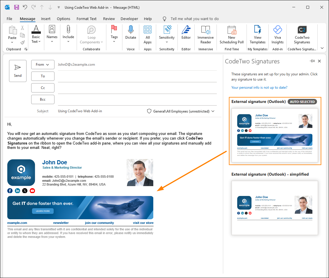CodeTwo Outlook Add-in automatically adds a signature to the body of an email.