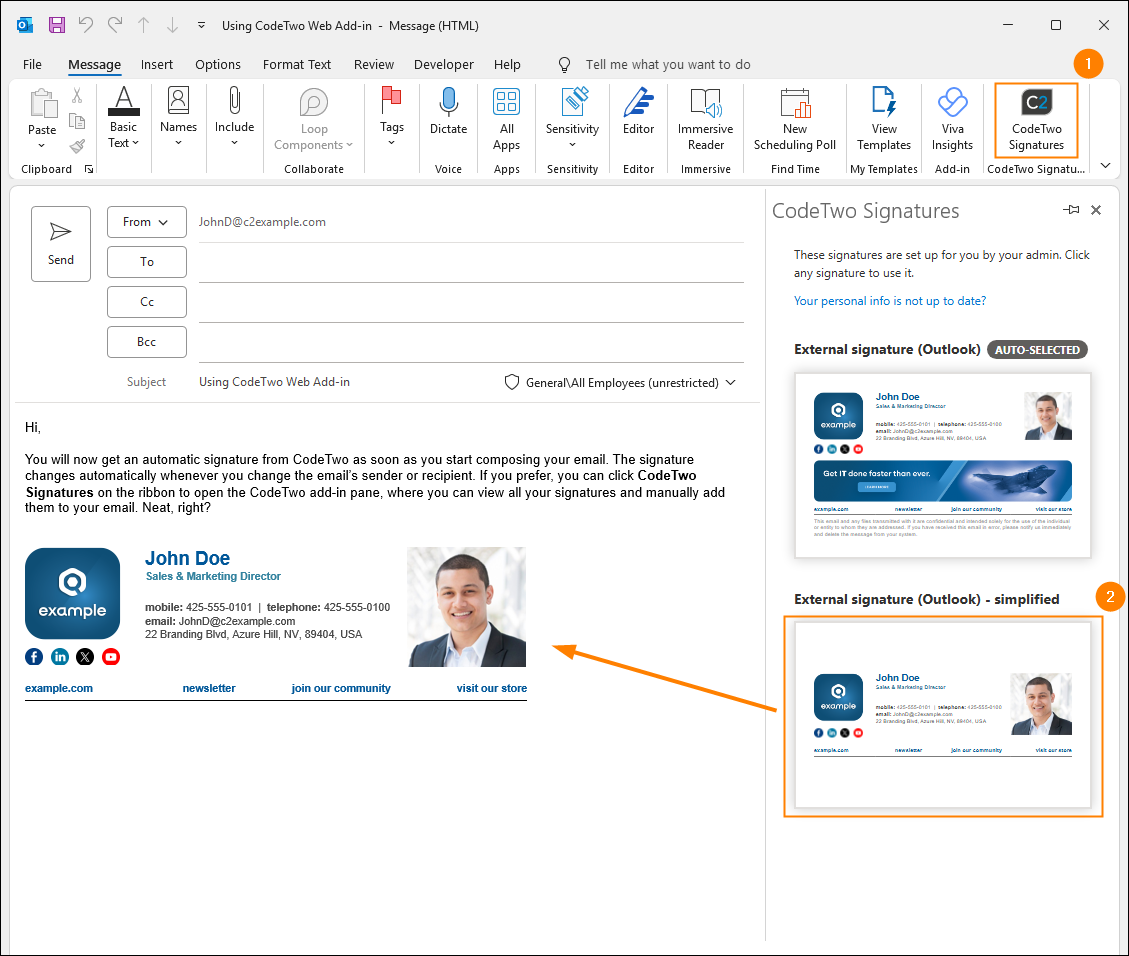 Inserting an email signature manually from the CodeTwo Outlook Add-in’s pane.