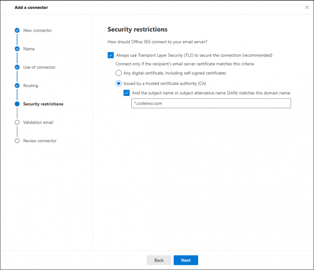 Configuring security restrictions for the outbound connector.