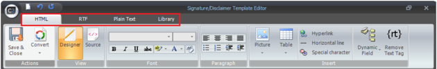 Signature/Disclaimer Template Editor tabs.