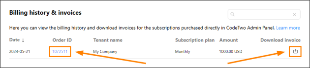 Downloading an invoice in CodeTwo Admin Panel.