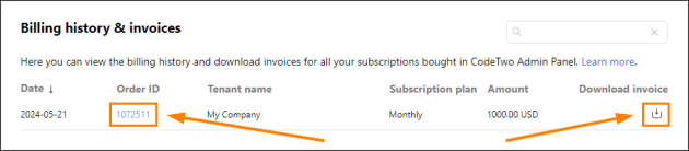 Downloading an invoice in CodeTwo Admin Panel.
