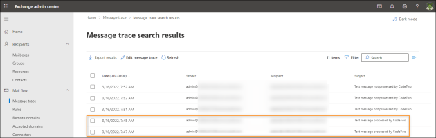 Locating your test message in the message trace report.