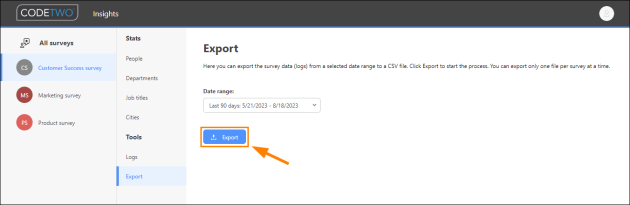 Exporting survey data to a CSV file.