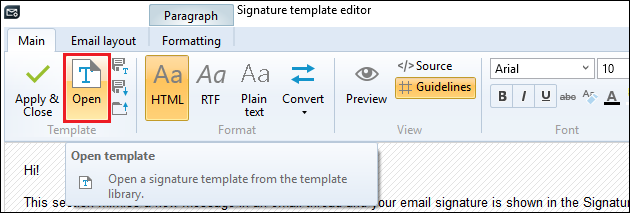 Editor - opening Signature template library