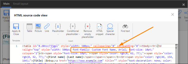 Defining a custom font and a fallback font in the signature's source HTML code.