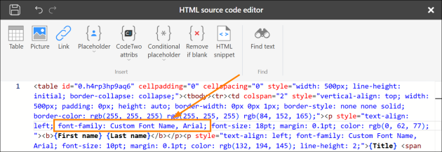 Defining a custom font and a fallback font in the signature's source HTML code.