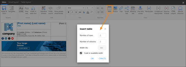 Inserting a table into an email signature.