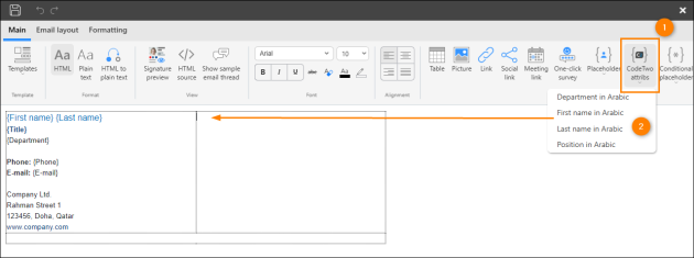 Inserting CodeTwo custom attributes that store user details in the second language.