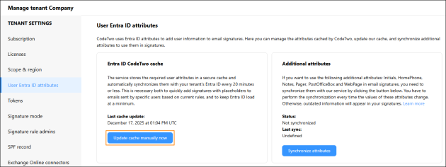 Manually updating user attributes in Entra ID CodeTwo cache.
