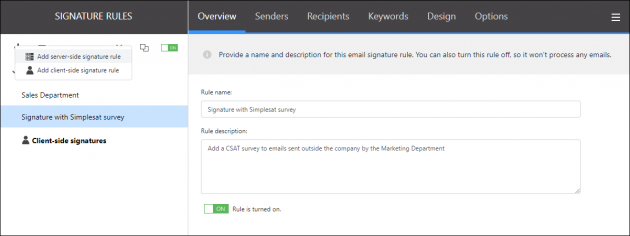 Creating a new email signature rule.