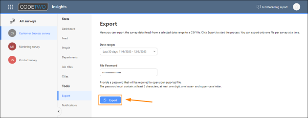 Exporting survey data to a CSV file.