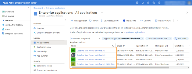 Four different CodeTwo User Photos for Office 365 apps shown in AAD – you need to remove all of them.