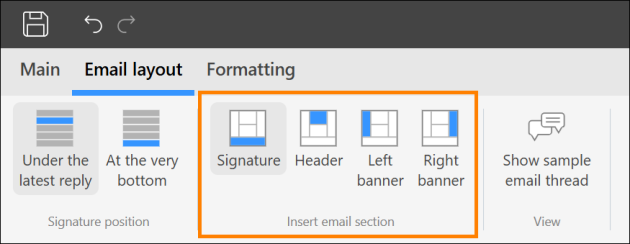 You can turn individual email sections on/off via the buttons in the Insert email section group.