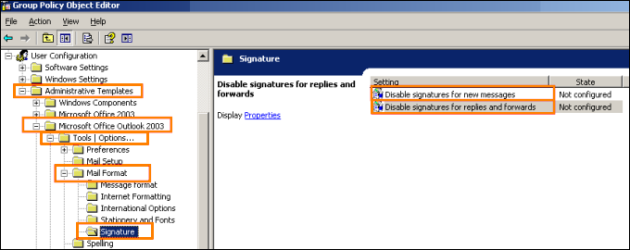 Disabling signatures added by Outlook 2003, using Exchange Server.