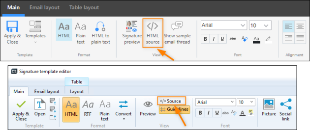 Accessing the source code view in both the editors.