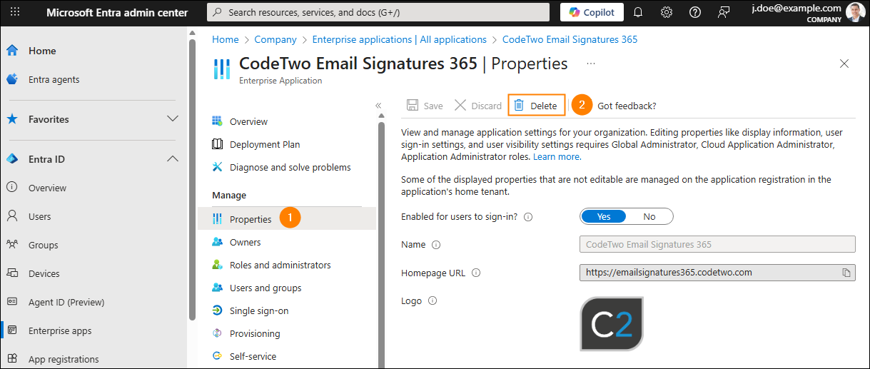 Deleting an application from Entra ID.