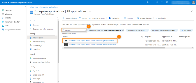 Opening signature management app settings in Azure Active Directory admin center.