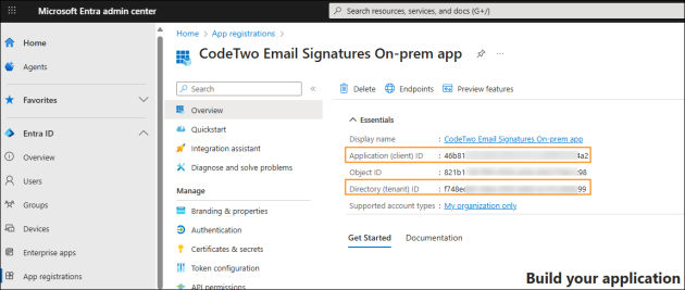 Location of the client and tenant IDs in the Microsoft Entra admin center.