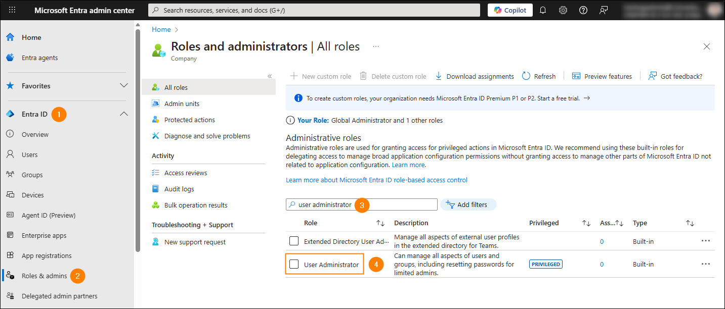 Managing admin roles in the Microsoft Entra admin center.