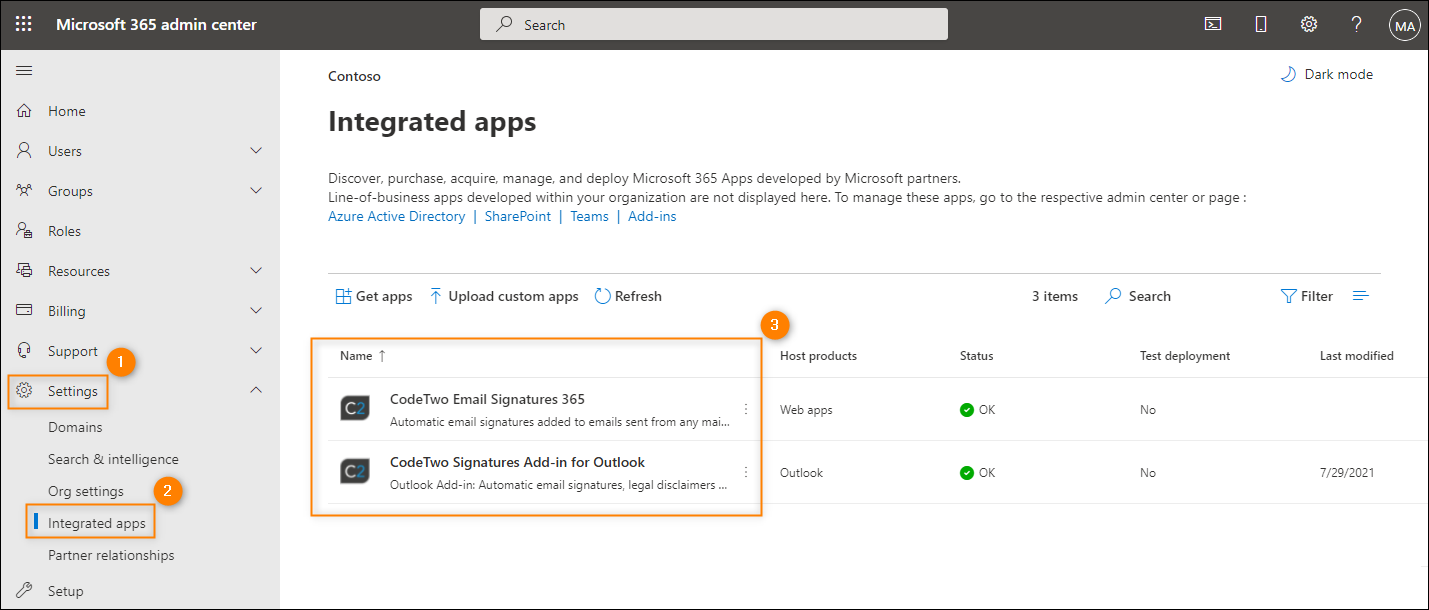 The CodeTwo apps shown on the Integrated apps page.