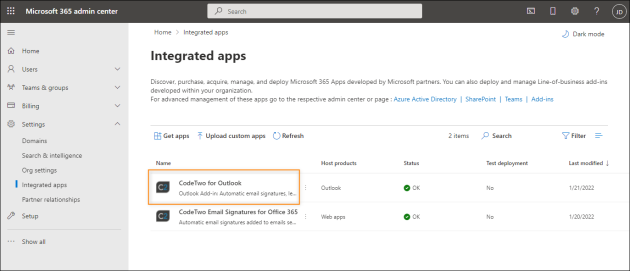 The Web Add-in listed on the Integrated apps page.