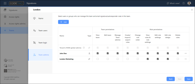 Managing Team admins and their permissions in the Signatures app.