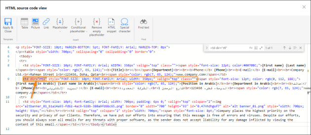 Changing text direction for a single signature section.