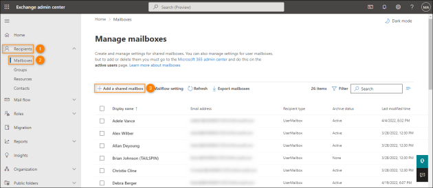 Adding a new shared mailbox in the Exchange admin center.