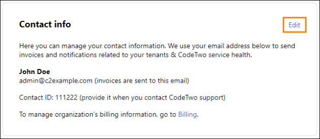 The Contact info section on the Account & admins page in CodeTwo Admin Panel.