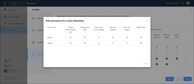 Checking rule permissions for a Team admin.