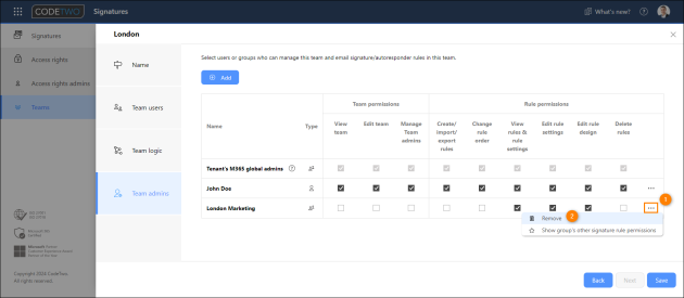 Removing users/groups from Team admins.
