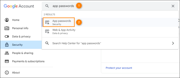 Accessing the App passwords settings in Google Account.