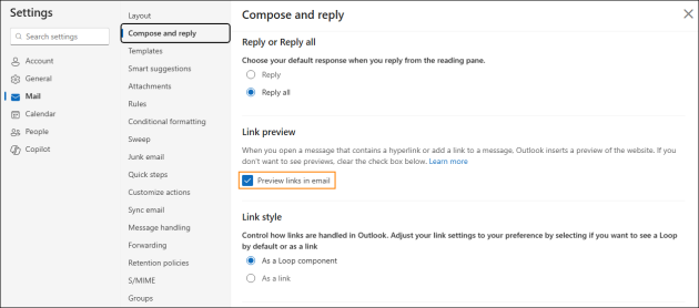 Disabling the Link preview feature in Outlook on the web (Microsoft 365).