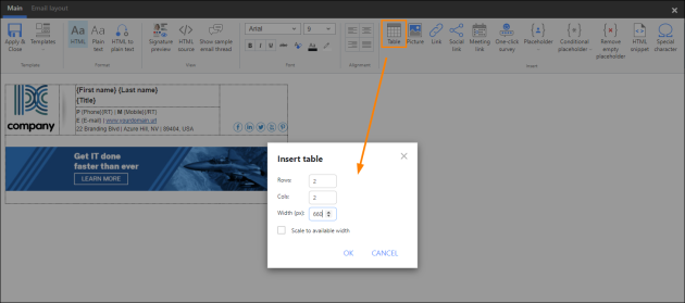 Inserting a table into an email signature.