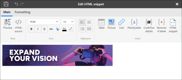 The Edit HTML Snippet window is used to edit placeholder values.