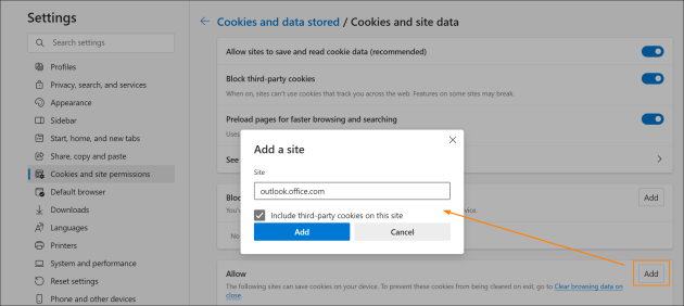 Allowing third-party cookies for Outlook in Microsoft Edge.